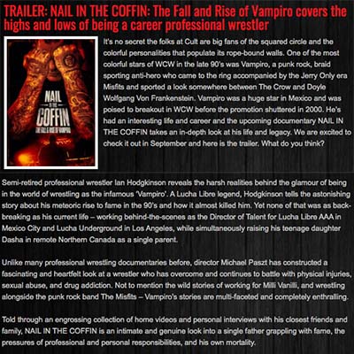 TRAILER: NAIL IN THE COFFIN: The Fall and Rise of Vampiro covers the highs and lows of being a career professional wrestler